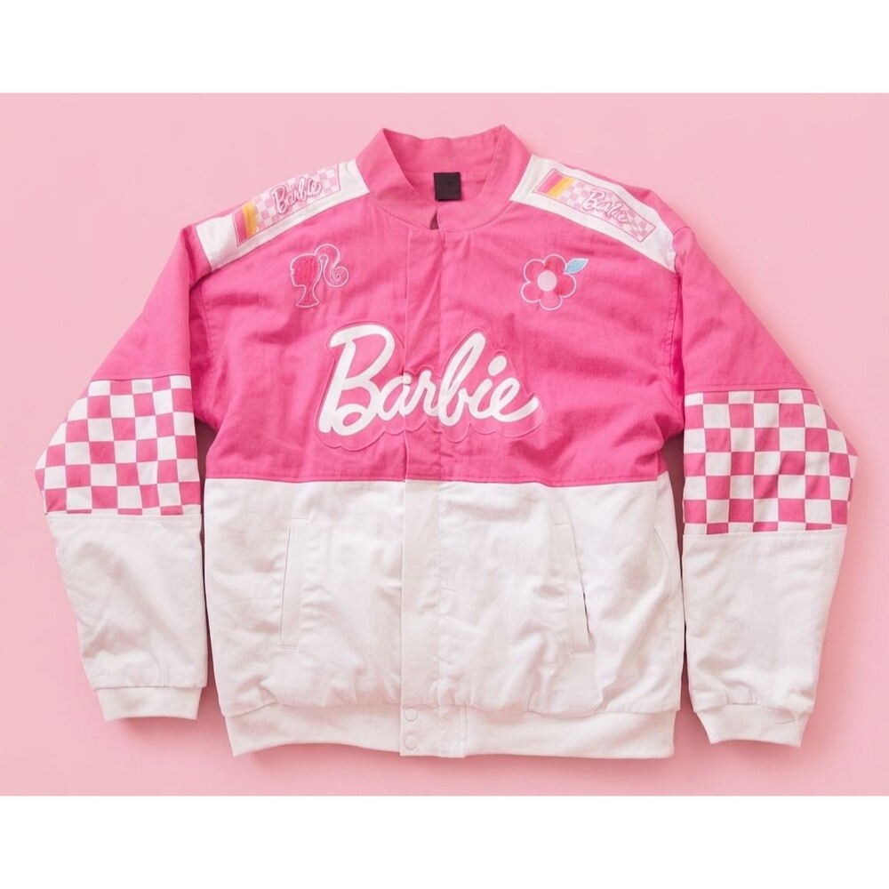 BoxLunch Barbie Racing Jacket Women’s L Organic Cotton Pink White Checkered Moto